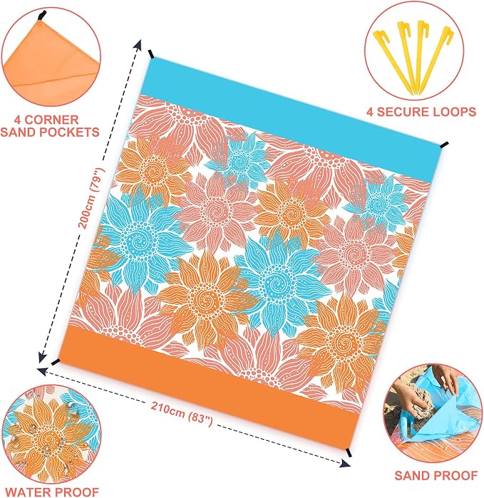 WIWIGO Beach Blanket Sandproof Extra Large Beach Mat Adults Waterproof Quick Drying Sand Free Mat Made by Premium Polyester with 4 Stakes & 4 Corner Pockets for Outdoor Travel Camping Hiking - Image 2
