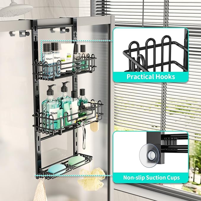 HapiRm 3 Tier Over the Door Shower Caddy, Hanging Shower Caddy with 16 Hooks and 2 Soap Holders, No Drilling Adjustable Hanging Bathroom Organizer - Black - Image 3