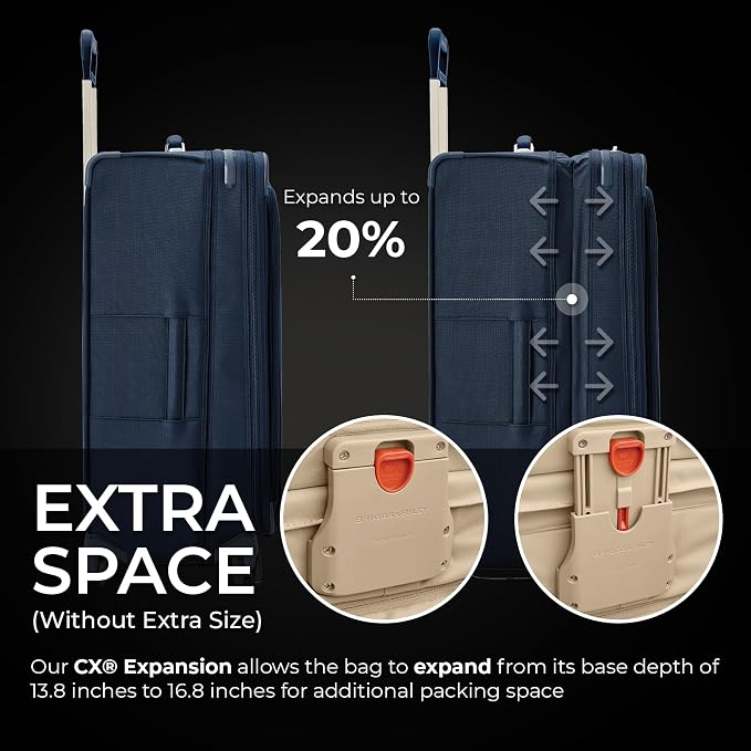 Briggs & Riley 31" Extra Large Expandable Spinner - Checked Luggage for Travel, Suitcases with Wheels, Softside Rolling Bag for Men & Women, Self-Repairing Zipper - Baseline Collection, Navy - Image 3