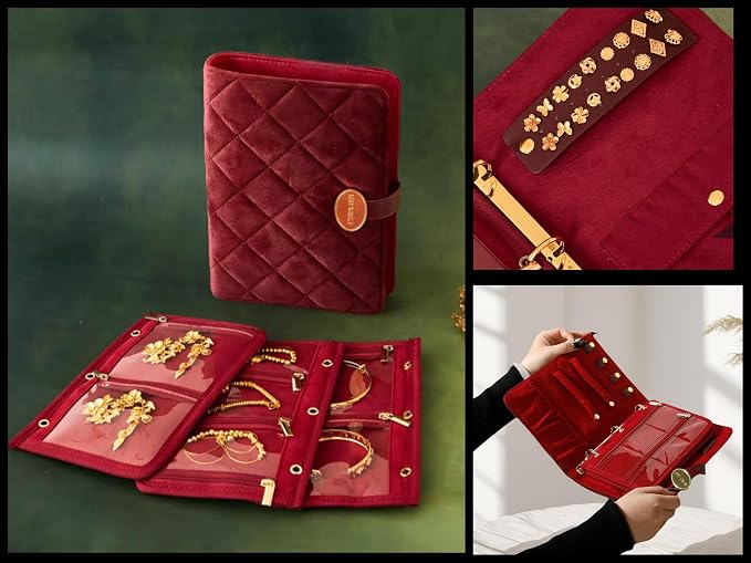 Travel Jewelry Organizer Case - Portable Jewelry Box for Women with Multiple Compartments, Mini Travel Jewelry Bag for Earrings, Necklaces, Rings & Bracelets (Red) - Image 6