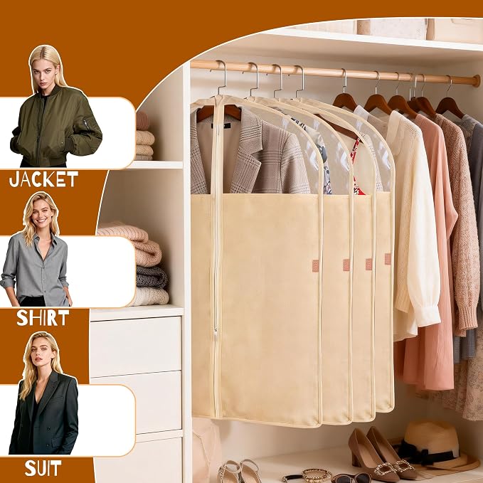 4 Pack 24 x 40 Inches Cotton Garment Bags for Hanging Clothes, Suit Bags for Clothes Coats Jackets Shirts Closet Storage Travel, Garment Covers with Clear Window - Image 5