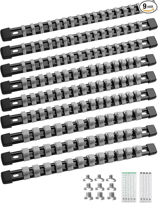 ALOANES 9PC Socket Organizer, Socket Rails Fit 1/2", 1/4" and 3/8" Drive | Heavy Duty ABS Socket Holders Hold up 129 Sockets for Toolbox Drawer Bags(Grey) by Aloanes