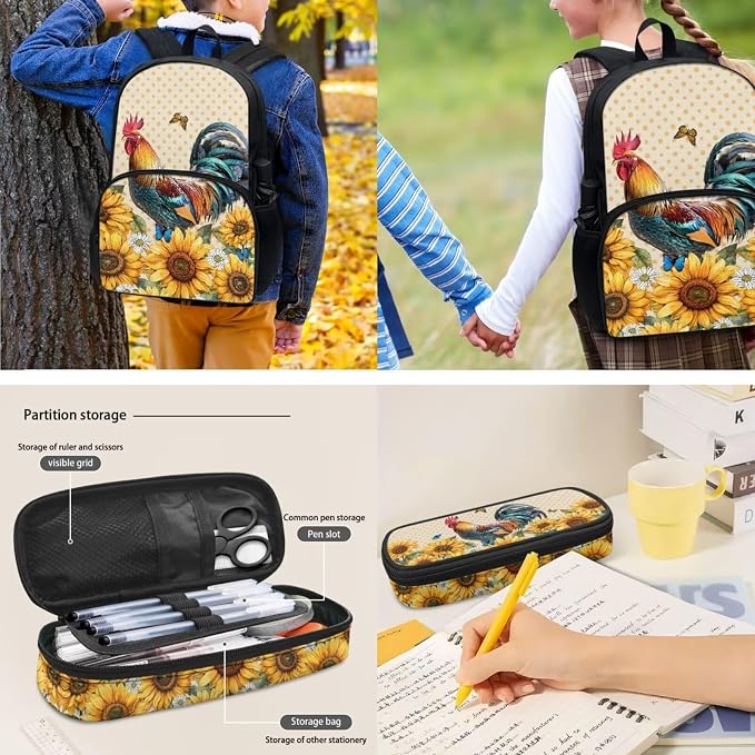 4 Pcs Sunflower Chicken Print Kids Backpack Girls Flower Butterfly Rooster Schoolbag with Insulated Lunchbag Crossbody Water Holder Case Pencil Box,Preschool Students Bookbag Set for School - Image 4