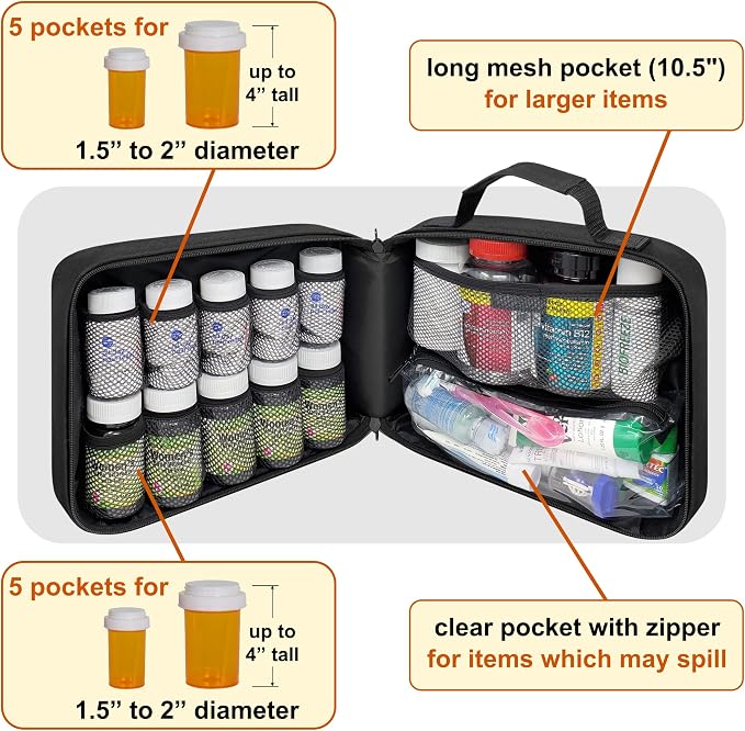 Large Pill Bottle Organizer & Medicine Bag, Emergency Card, Black | Prescription bottle organizer with emergency card, 10 pockets and padded storage for medications, supplements, vitamins - Image 2