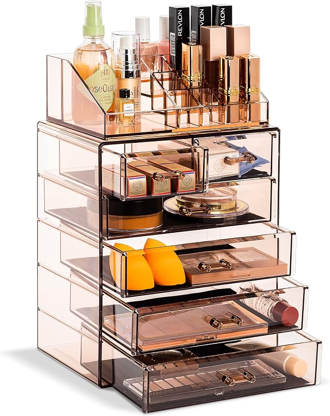 Sorbus Acrylic Makeup Organizer Set, 6-Drawer Vanity & Countertop Cosmetic Storage with Small & Wide Compartments, Bronze Glow Makeup Storage for Brushes, Jewelry – Holiday Gift for Women & Teens by Sorbus
