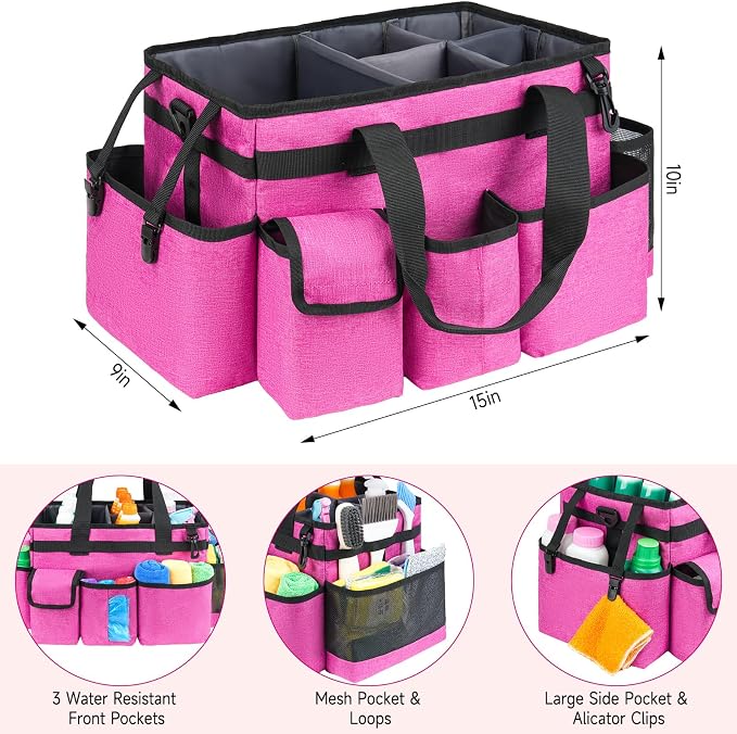 Cleaning Caddy Bag,Large Cleaning Supplies Organizer with Handle for Housekeepers,Rose Red - Image 4
