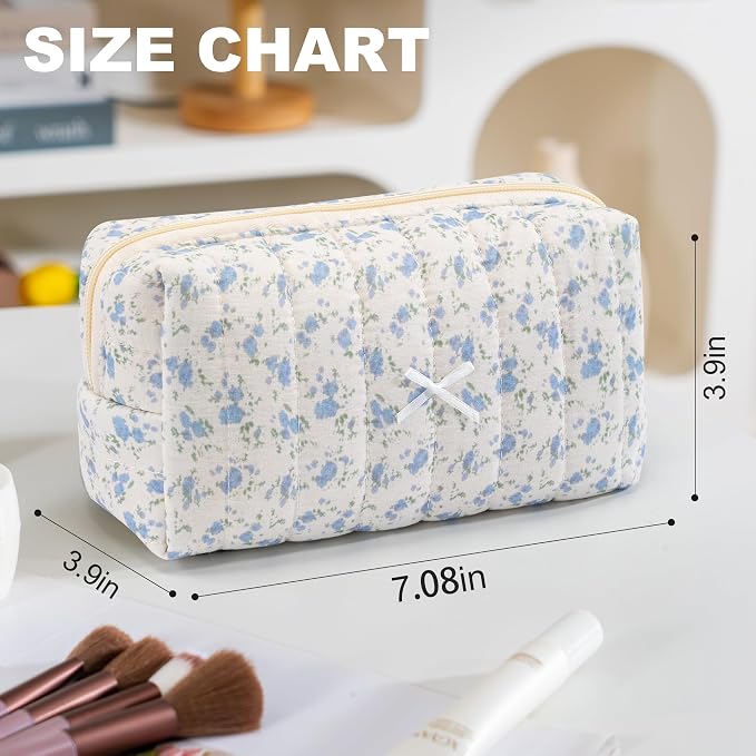 Makeup Bag Travel Toiletry Bag for Women, Small Cosmetic Bags Aesthetic Organizer Quilted Cotton Makeup Pouch&Purse Emergency Bag Floral Pencil Case Accessory Bag, Watercolor Flower - Image 2