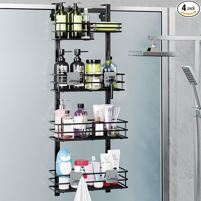 Orimade Over The Door Shower Caddy Adjustable 4 Tier Black,Bathroom Hanging Organizer Shelf Rustproof with 4 Hooks,Shower Basket with Soap Holder and Suction Cup by Orimade