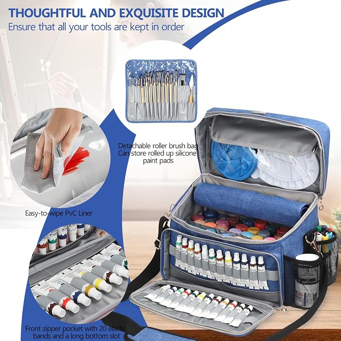 Art Supplies Organizer Storage Bag with Detachable Paint Brush Holder & Partition - Carrying Case for Home/Travel/Outdoor Fits Marks, Acrylic Paint, Palettes, Folding Buckets, Portfolios (Pro Blue) - Image 4