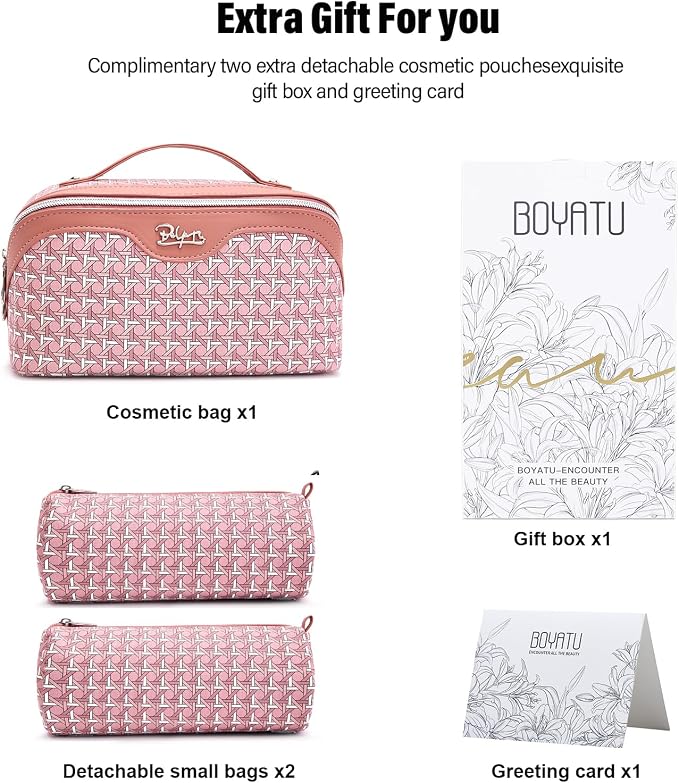 BOYATU Travel Makeup Bag Cosmetic Bags for Women: Large Capacity 3 Pcs Set Make up Bag with Compartments - Waterproof Vegan Leather Toiletry Organizer Bags with Handle (M-79Pink) - Image 6