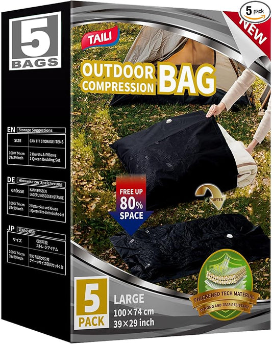 TAILI 5 Pack Outdoor Vacuum Storage Bags, Travel Compression Bags (39x29 inch), Tear-Proof Vacuum Seal for Camping, Cushion, Clothing, Waterproof, Wearproof, Punctureproof by TAILI