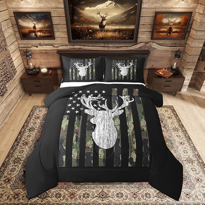 American Flag Comforter Set,Deer Hunting Down Comforter King,Army Green Military Camo Bedding Set For Boys Teens Kids Man,Western Farmhouse Stars Stripes Bedding Quilt Set Bedroom Decor 3 Pcs - Image 3