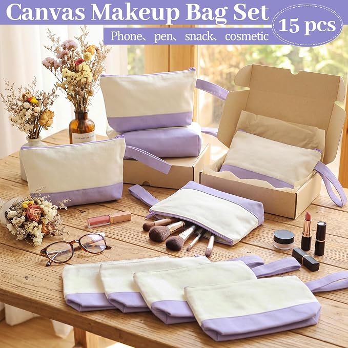 Silkfly 15 Pcs Cotton Canvas Makeup Bags Cosmetic Zipper Bags 10.2 x 5.5 x 2'' Blank DIY Pouch Bulk Pencil Case with Bottom Travel Toiletry Pouch for Women Craft Decor Gift (Beige and Light Purple) - Image 5