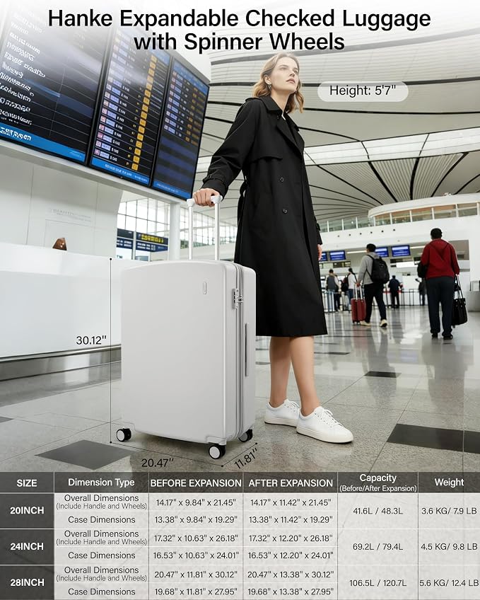 Hanke Expandable Hard Shell Luggage Sets 3 Pieces, 20/24 / 28 Inch Luggage Sets with Spinner Wheels, Durable PC Hardside Rolling Suitcase with TSA Lock for Travel (20/24/28 Inch, Smoke White) - Image 2