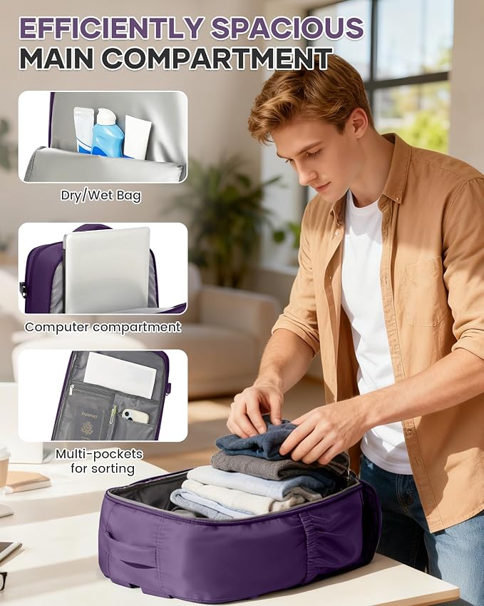 WONHOX Large Travel Backpack Women,Carry On Laptop Backpack Flight Approved,Mochila De Viaje Men Hiking Waterproof Rucksack Casual Daypack with Shoes Compartment,Personal Item Travel Bag Dark Purple - Image 6