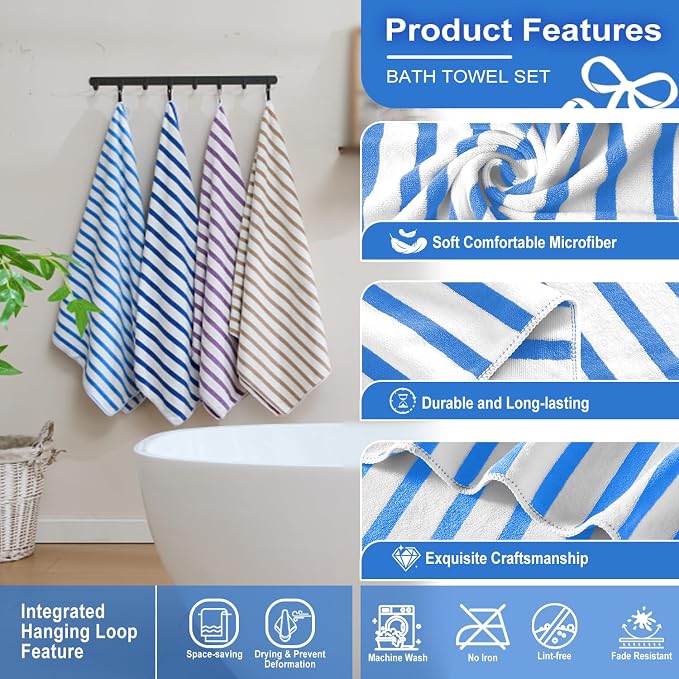 JML Microfiber Beach Towels, 4 Pack, 30" x 60", Cabana Stripe, Soft, Absorbent, Quick Dry Large Bath Towel Set for Adult, Travel, Summer Pool Party, Sport, Swimming, Yoga, Camping, StripeBlue - Image 3