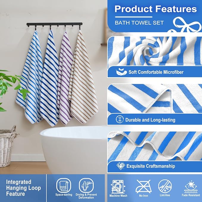 JML Microfiber Beach Towels Set, 6 Pack, 27" x 55", Cabana Stripe Blue | Haning Loop, Soft, Absorbent, Quick Dry, Use for Bathroom, Swimming Pool - Image 3