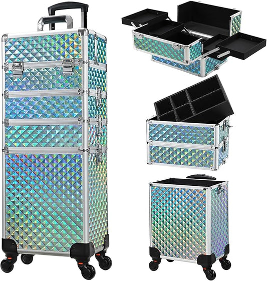 Stagiant Rolling Makeup Case Cosmetology Case on Wheels 4 in 1 Makeup Travel Case Large Cosmetic Organizer Storage with Key Swivel Wheels Nail Artist Salon Traveling Cart Trunk Watery Blue by Stagiant