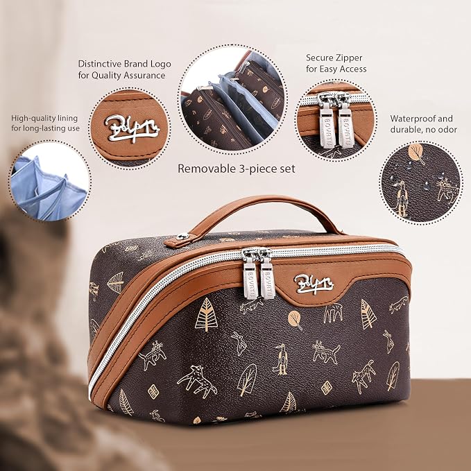BOYATU Travel Makeup Bag Cosmetic Bags for Women: 3 Pcs Set Portable Make up Bag with Handle - PU Leather Toiletry Bags with Compartments - Makeup Organizer for Travel Essentials(L-1-Brown) - Image 2