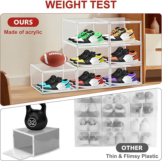 8 Pack Clear Shoe Boxes Shoe Organizer for Closet Size 12 Transparent Sneaker Display Case Stackable Storage Cubbies Grow Box with Magnetic Lid - Image 5