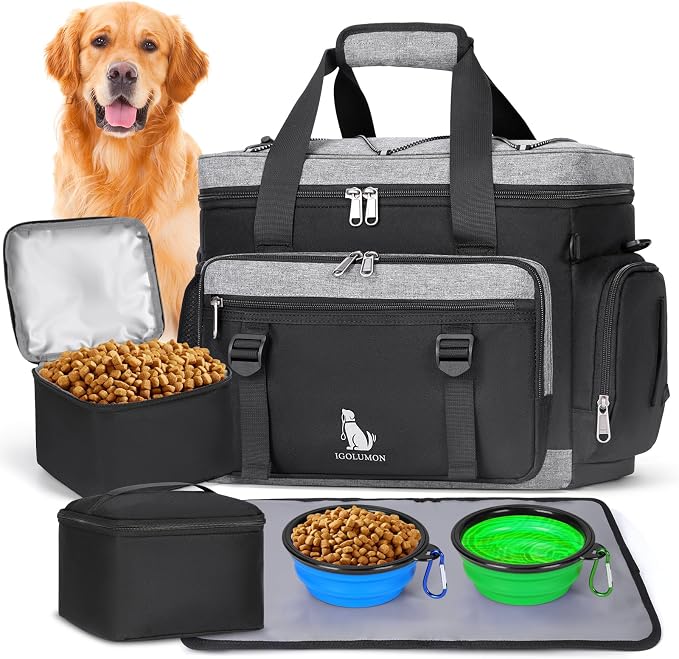 IGOLUMON Dog Travel Bag Large Pet Travel Bags Set for Supplies Weekend Travel Kit Tote Organizer Multi-Pockets Food Travel Bag with 2 Extra Large Food Containers, 2 Dog Bowls, 1 Feeding Mat by IGOLUMON