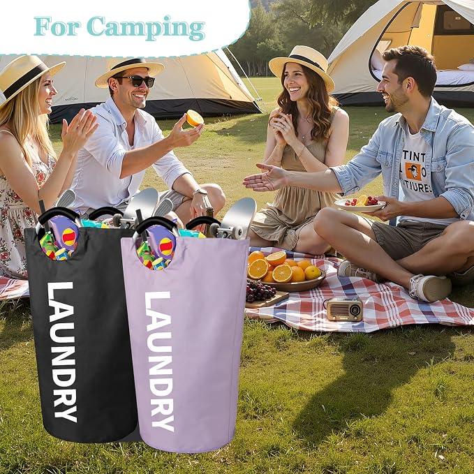 WOOHA 2 Pack 95L Laundry Hamper, Collapsible Laundry Basket with Padded Aluminum Handles, 600D Oxford Fabric Dirty Clothes Hamper, Collapsible Large Storage Bins for Dorm, Bedroom, Purple + Black - Image 5