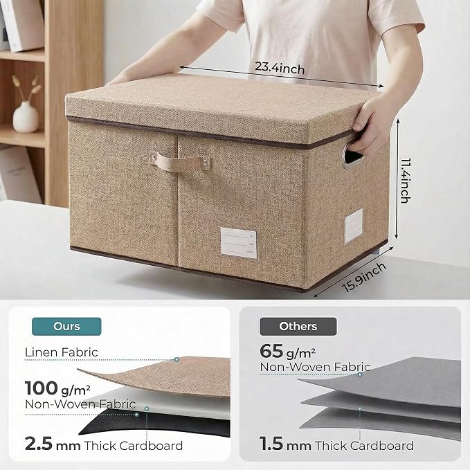 PRANDOM Storage Bins with Lids [3-Pack] Jute Fabric Foldable Storage Boxes Organizer Containers Baskets Cube with Cover for Home Bedroom Closet Office Nursery khaki（23.4X15.9X11.5 - Image 2
