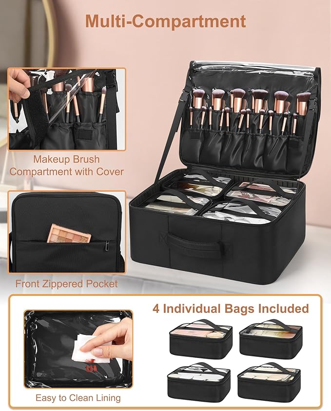 Relavel Makeup Backpack Extra Large Travel Train Case Professional Makeup Artist Kit Set Bag with 4 Clear Bags, Brush Storage Organizer Box with Dividers for Cosmetic Hair Tools Barber Supplies, Black - Image 3