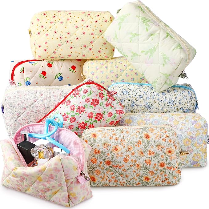 Paterr 10 Pcs Quilted Makeup Bag Bulk Cotton Floral Cosmetic Bag Women Girls Bridesmaid Gifts Cute Makeup Pouch Coquette Aesthetic Travel Toiletry Organizer(Classic Style,7.87 x 4.72 x 3.15 Inches) by Paterr
