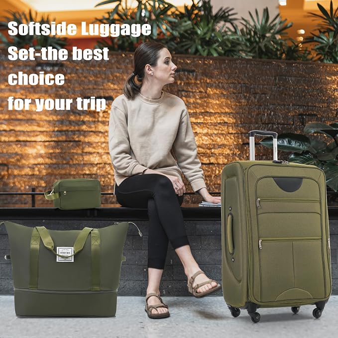 Merax Luggage Set, Softside Suitcase 3 Piece, Expandable Lightweight | Luggage Sets with Duffel Bag 22" 26" 30" Suitcase with Wheels TSA Lock,Army Green - Image 2