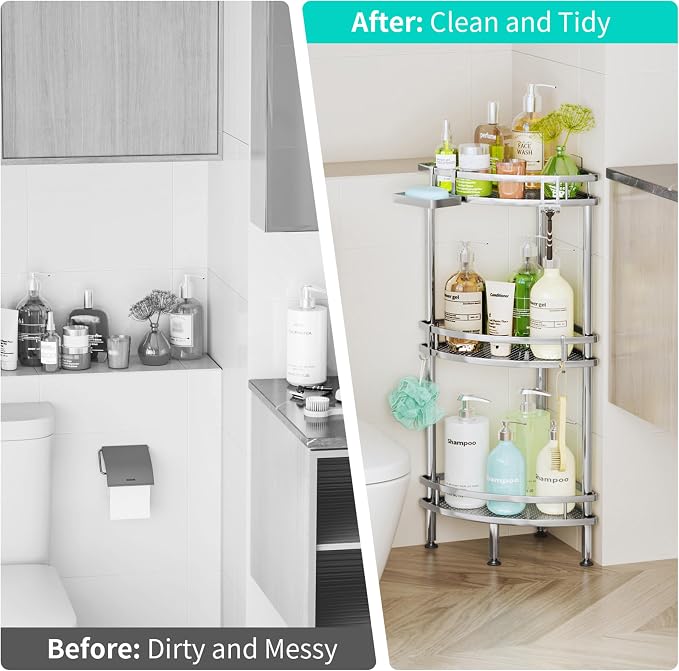 HapiRm Standing Corner Shower Caddy - 3 Tier Shower Organizer Corner with Soap Holder and 4 Hooks, Rustproof Bathroom Storage Shelves with Adhesives, Silver - Image 6