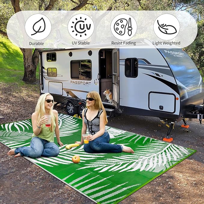 Waterproof Outdoor Rug 8x10ft, Green Leaf Reversible Plastic Straw Mat for Patio RV Deck Porch Backyard Balcony Camping Picnic Beach Indoor Outdoor Carpet, Green&White - Image 5