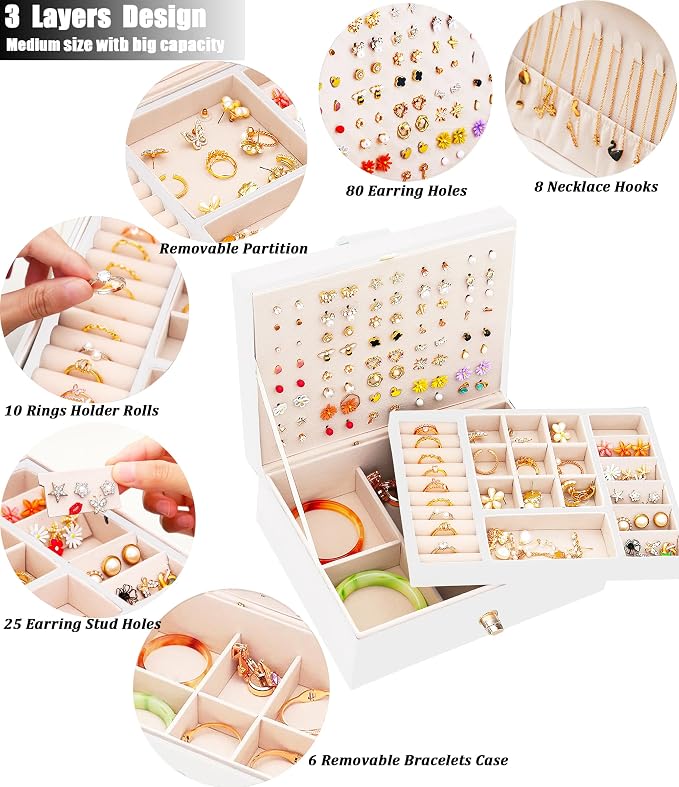 QBestry Jewelry Box for Women Girls, 105 Holes Stud Earring Organizer Storage Case with Removable Dividers, 2-Layer White Leather Jewelry Organizer for Earrings Rings Necklaces Bracelet, Gift for Teen - Image 3