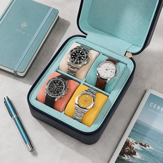 4-Slot Leather Watch Roll Travel Case with Velvet Interior | Multiple Watch Capacity,Premium Hexagon Leather,Velvet M-Shaped Cushions,Secure Snap Closure,Storage Organizer - Image 4