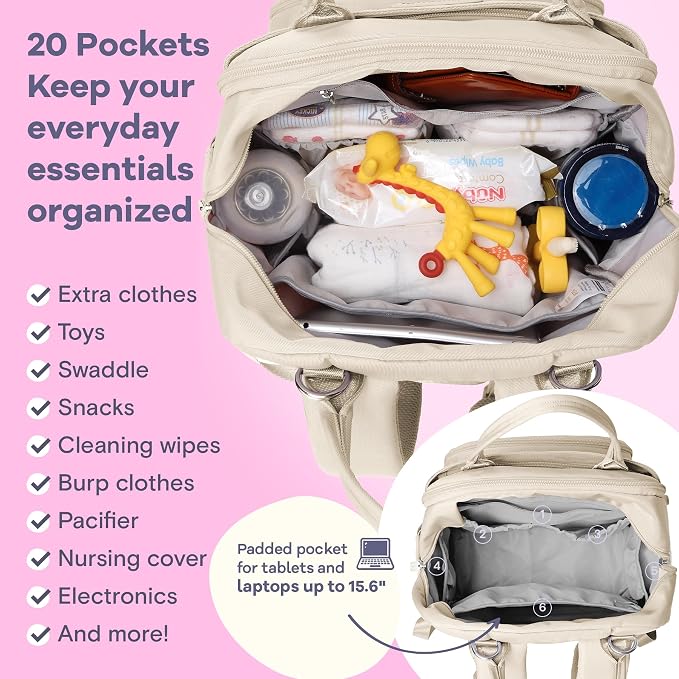 RUVALINO Diaper Bag Backpack-Multifunction Baby Travel Bag with Changing pad, Insulated Bottle Holders & Pacifier Case, Large Capacity, Waterproof, Beige - Image 6
