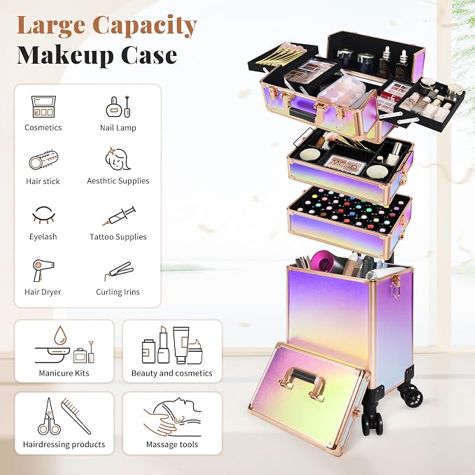 Rolling Makeup Train Case with Lid Cosmetology Case on Wheels | 5 in 1 Large Cosmetic Trolley Organizer Travel for Hairstylist Artist Nail Beauty Salon Barber Cart Trunk, Colorful - Image 3