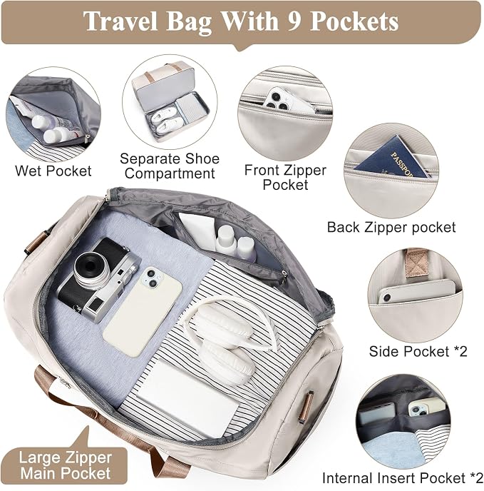 Travel Duffel Bag,Carry-On Overnight Weekender Bags with Shoes Compartment | Travel Bag with Wet Pocket & Toiletry Bag,For Spirit Airlines 18x14x8 Personal Item Bag,Small,Beige & Brown - Image 5