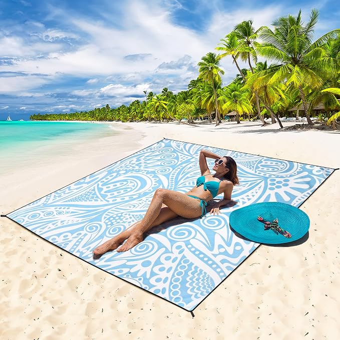 WIWIGO Beach Blanket Sandproof Extra Large Beach Mat Adults Waterproof Quick Drying Sand Free Mat Made By Premium Polyester with 4 Stakes & 4 Corner Pockets for Outdoor Travel Camping Hiking - Image 5