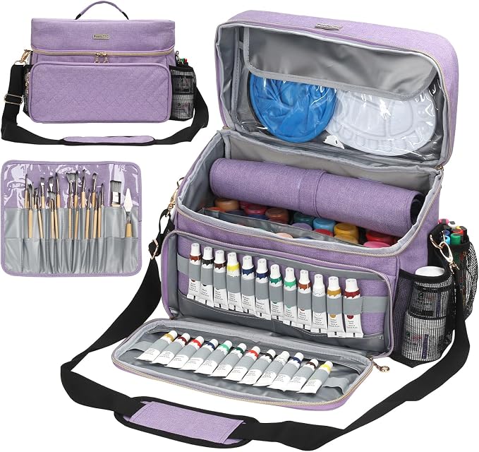 Art Supplies Organizer Storage Bag with Detachable Paint Brush Holder & Partition - Carrying Case for Home/Travel/Outdoor Fits Marks, Acrylic Paint, Palettes, Folding Buckets, Portfolios (Pro Purple) by SOLDWELLALLOVERTHEWORLD
