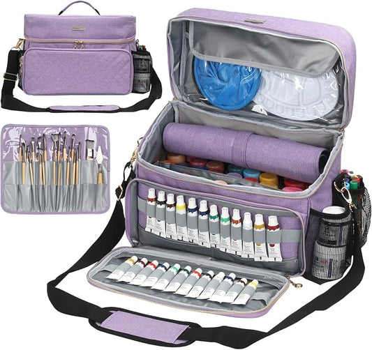 Art Supplies Organizer Storage Bag with Detachable Paint Brush Holder & Partition - Carrying Case for Home/Travel/Outdoor Fits Marks, Acrylic Paint, Palettes, Folding Buckets, Portfolios (Pro Purple) by SOLDWELLALLOVERTHEWORLD
