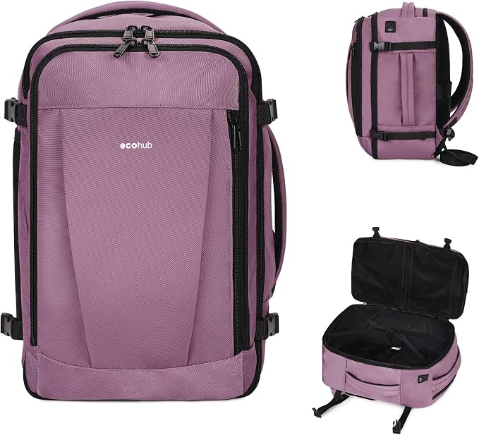 ECOHUB Travel Backpack 18x14x8 Spirit Airlines Personal Item Bag Carry On Backpack 13 Pockets Large Work Casual Daypack for men Airline Approved Waterproof Gym Backpacks with Charging Port, Pink by ECOHUB