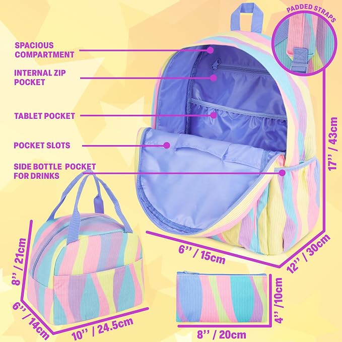 Get Trend Girls Corduroy Backpack 4 Piece Set | 17 inch Bookbag with Laptop Pocket, Insulated Lunch Bag, Pencil Case & Lanyard, Back to School Gifts for Girls - Image 3