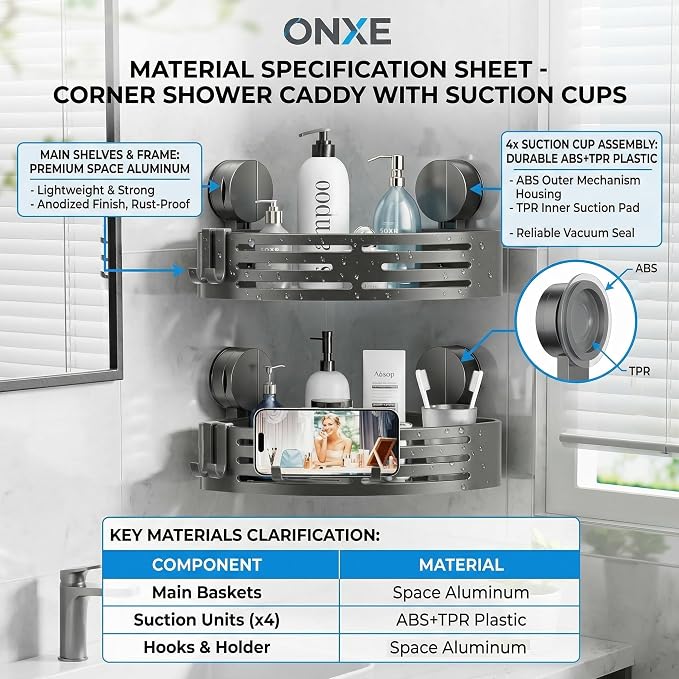 Suction Cup Shower Caddy,No Drilling Corner Shower Shelves Heavy Duty,Shower Organizer with Hooks,Rustproof Waterproof Space Aluminum Bathroom Storage,Home Accessories Decor - Image 4