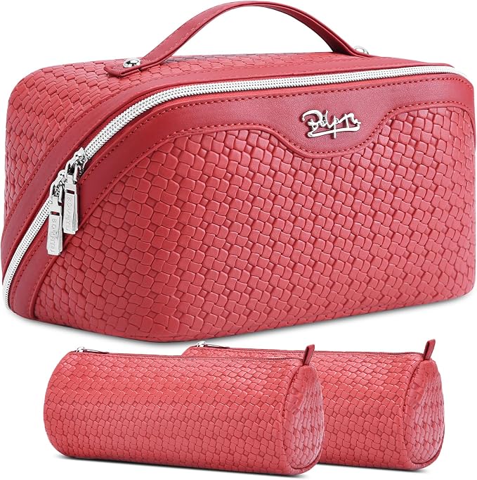BOYATU Travel Makeup Bag Cosmetic Bags for Women: Large Capacity 3 Pcs Set Make up Bag with Compartments - Waterproof Vegan Leather Toiletry Organizer Bags with Handle (L54Rose) by BOYATU