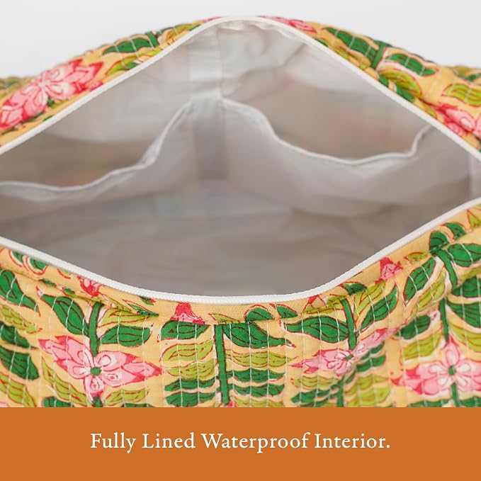 Saffron Marigold Quilted Makeup Bag Set of 3, Hand Block Printed Cotton Cosmetic Bags for Women, Waterproof Lined Travel Toiletry Bag, Coquette Aesthetic, Handmade Gift, Madagascar Prewinkle Butter - Image 4