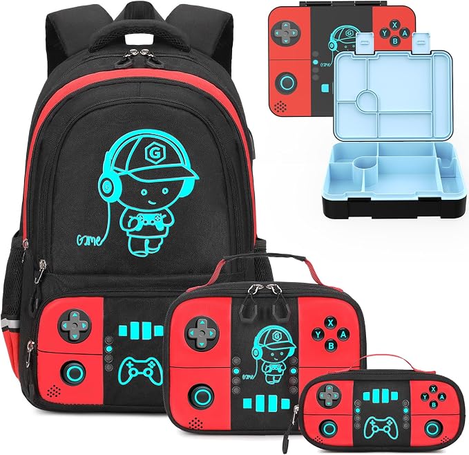 Bevalsa Backpack for Boys with 43OZ Bento Lunch Box,Insulated Lunch Bag & Pencial Case,Cool Luminous Gamer Schoolbag for Kids Teens Elementary Middle School,Bookbag Glow In The Dark by Bevalsa