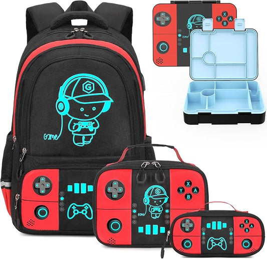 Bevalsa Backpack for Boys with 43OZ Bento Lunch Box,Insulated Lunch Bag & Pencial Case,Cool Luminous Gamer Schoolbag for Kids Teens Elementary Middle School,Bookbag Glow In The Dark by Bevalsa