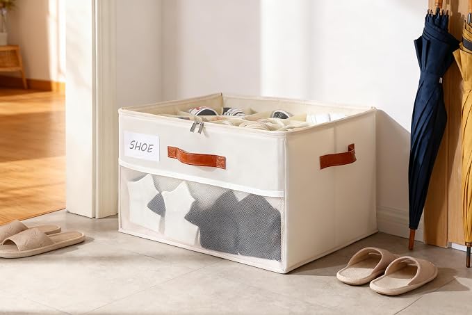 Shoe Organizer for Closet, Shoe Storage Box, Foldable Shoe Box with Adjustable Dividers and Clear Cover, Closet Shoe Organizer Fits up to 16-32 Pairs, Extra Storage Pocket for Socks (2 Pack) - Image 2