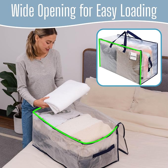 VENO 10 Pack Clear Extra Large Moving Bags & Storage Totes, Heavy Duty Organizer with Reinforced Handles & Strong Zippers for Clothes, College Dorm Essentials, Moving Supplies - Image 2