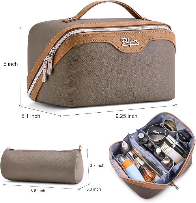 BOYATU Travel Makeup Bag Organizer Cosmetic Bag: 3 Pcs Set Make up Bags for Women with Handle - Waterproof Vegan Leather Toiletry Bags Travel Essentials Pouch with Compartments (A-02-Grey) - Image 2